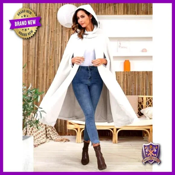 Wool Blend Hooded Cape Coat Maxi Cloak Elegant Warm Winter Outerwear Cosplay